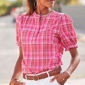 Chic Pink Plaid Blouse for Women